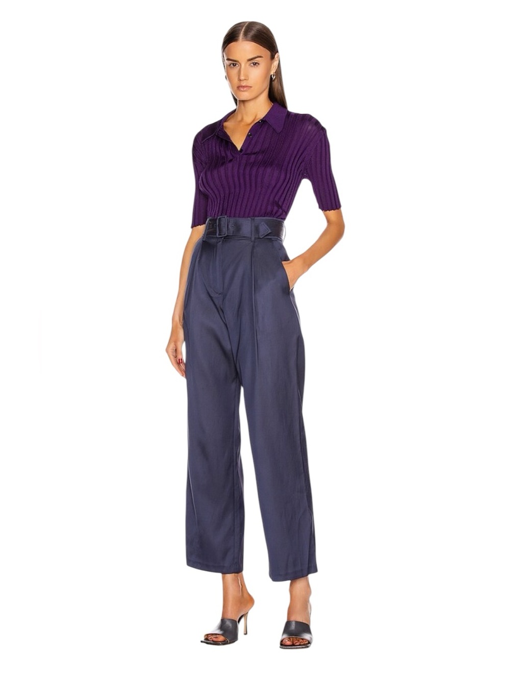 Fleur du Mal Navy Ribbed High Waisted Paper Bag Twill Belted Wide-Leg Pants